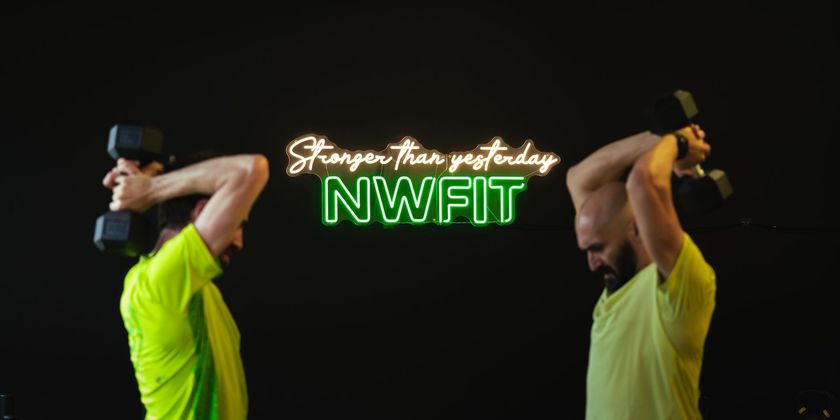 Two mirrored figures in neon shirts pose with weights under “Never give up, NWFIT” text.