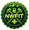 Neon green NWFIT fitness emblem with kettlebell, dumbbells, and medical cross on black gear background