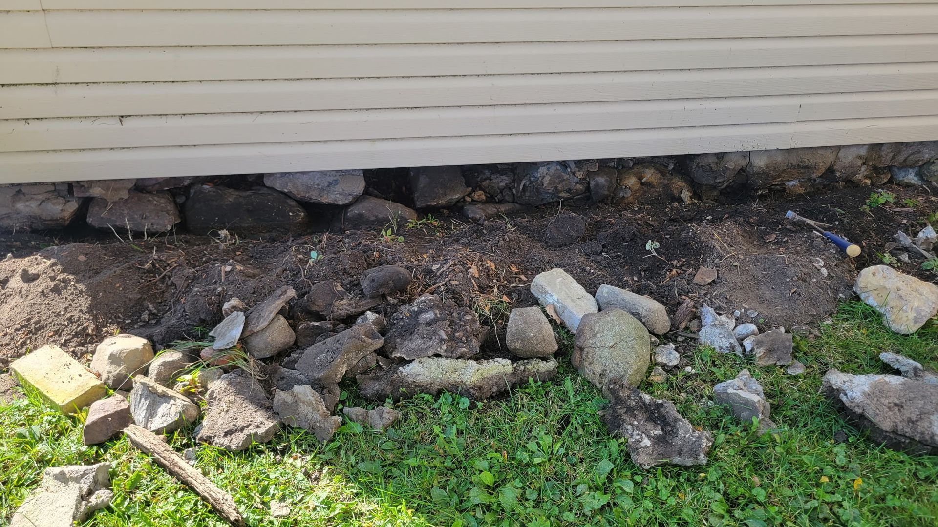 Rocks, dirt, and grass beneath siding of a building.