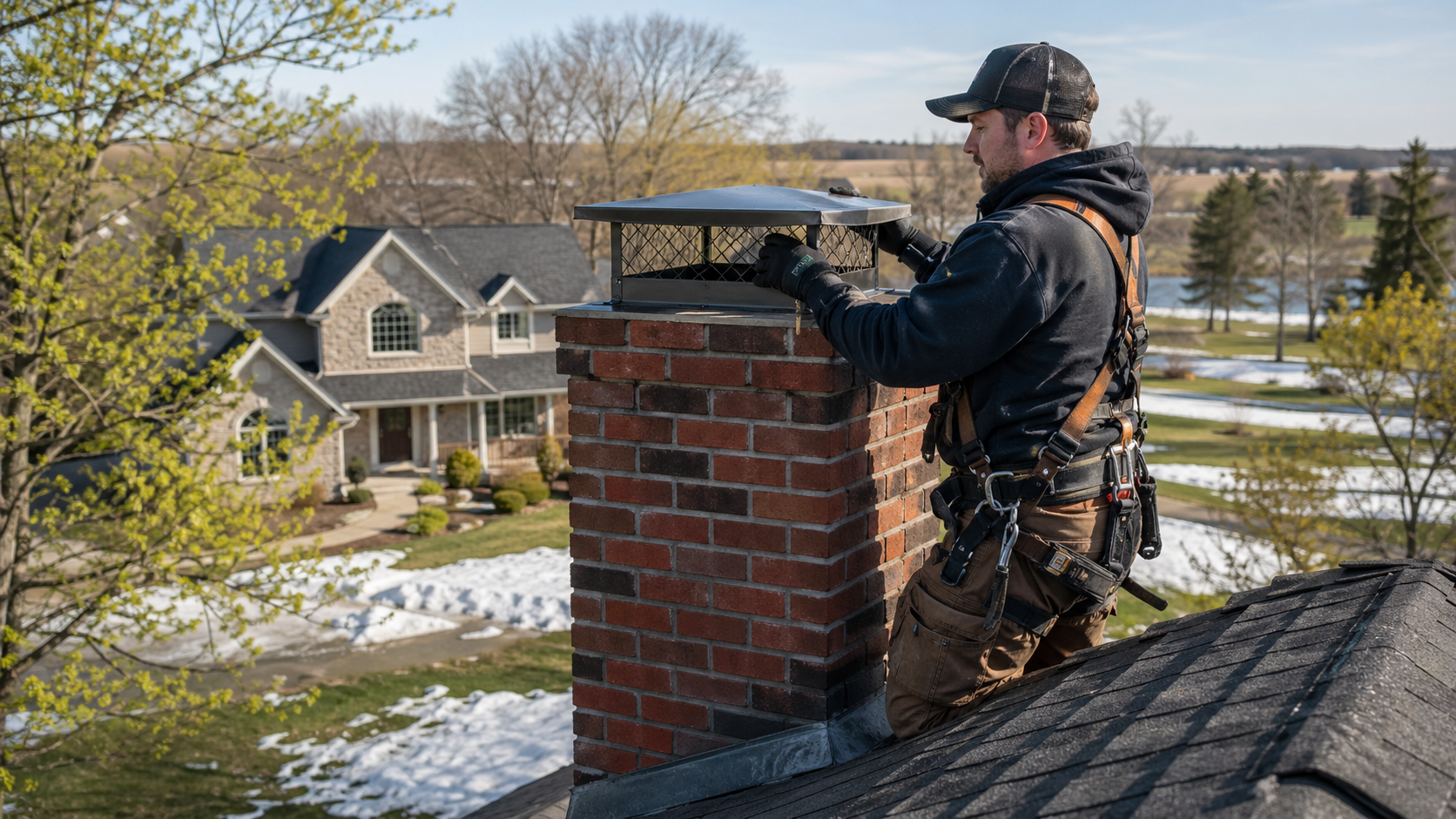 Chimney cap installation on brick chimney