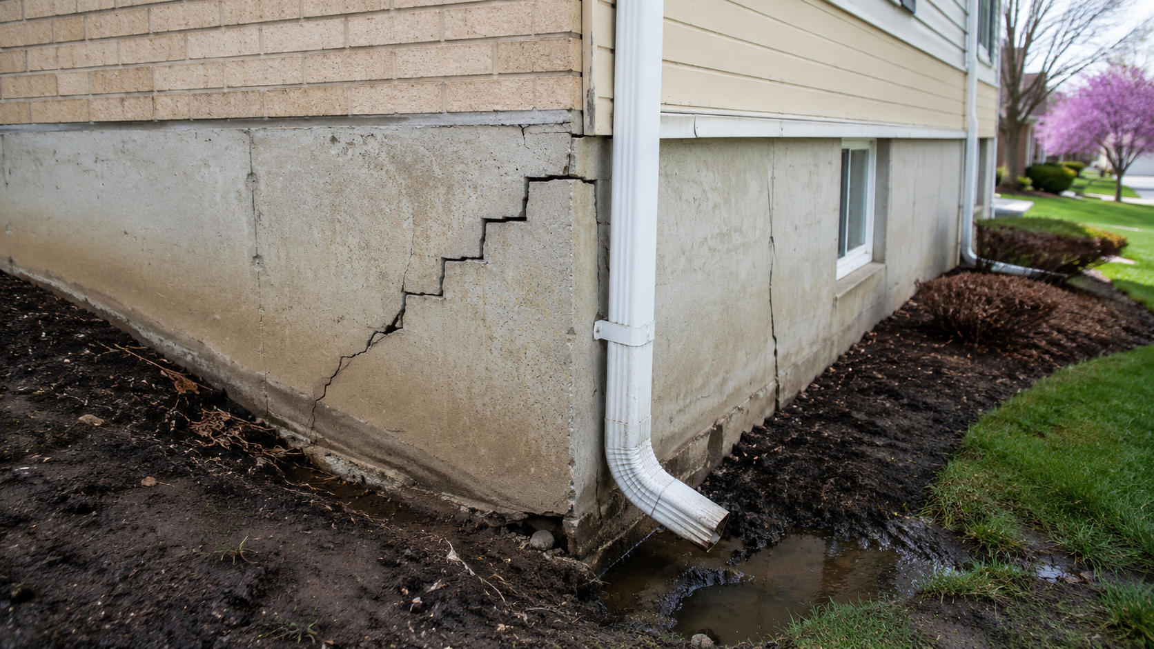 Settling home foundation with stair-step cracks and downspout drainage issue in spring
