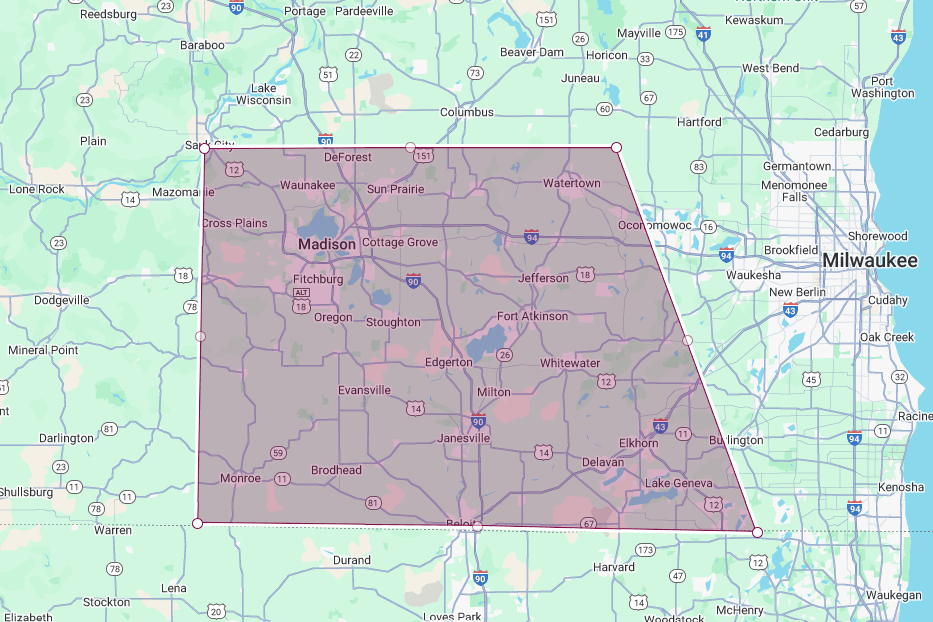 Map of Wisconsin highlighting a polygon shape over the southeastern part of the state, including Madison and Milwaukee.