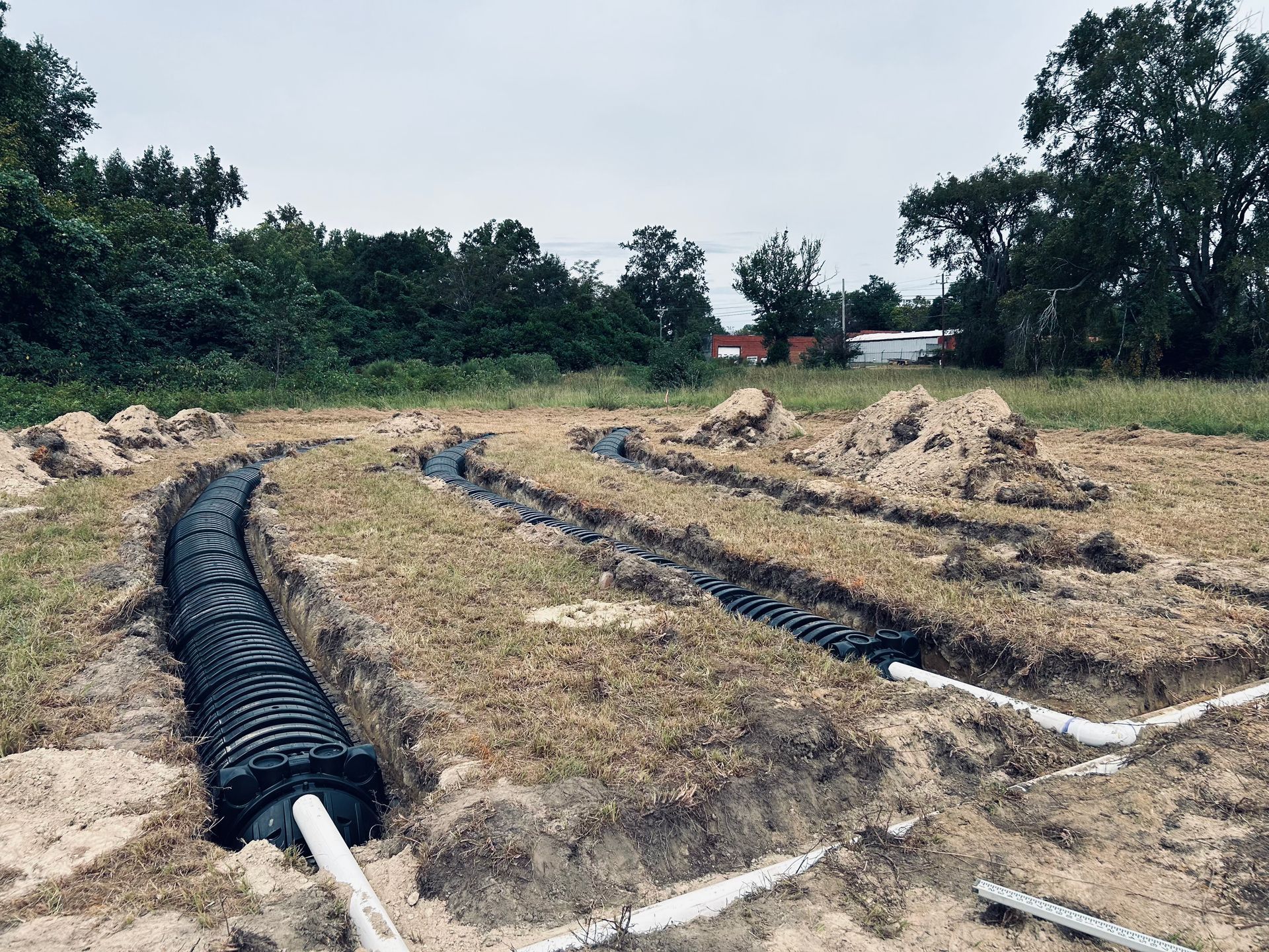 Rows of black irrigation tubing on a dirt field under construction, with trees in the background
