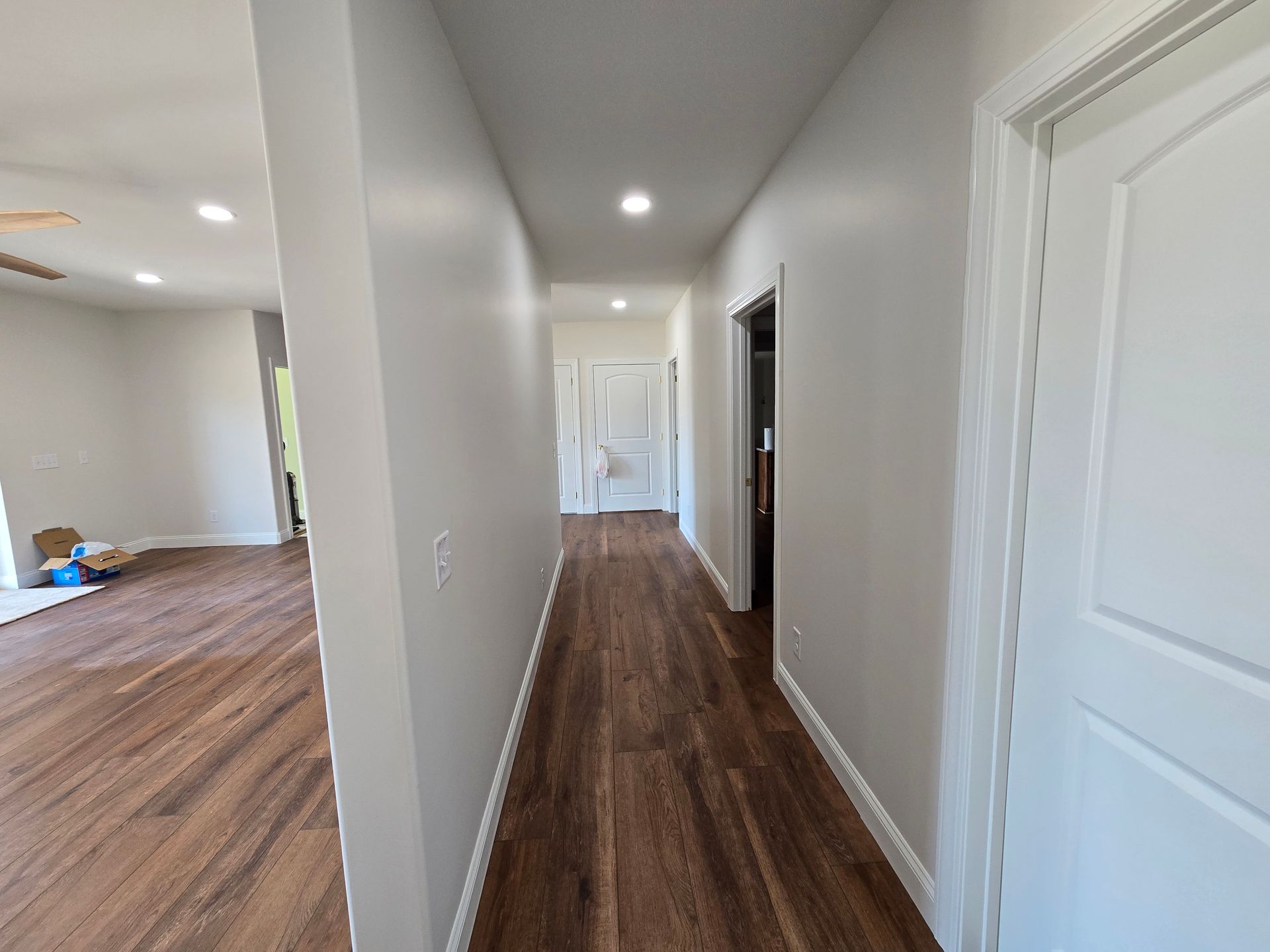 Bright hallway with wood floors, white walls, and multiple doorways leading into a home