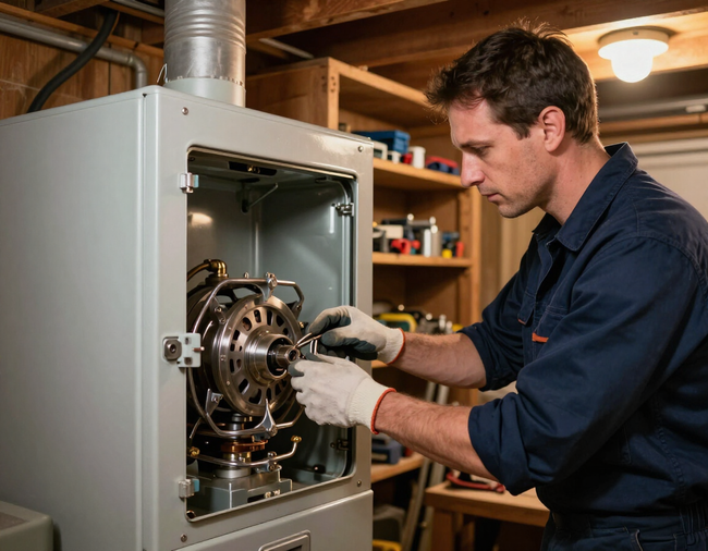 Technician inspecting furnace burner assembly