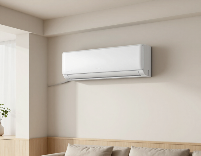 Wall-mounted ductless mini-split unit in modern living room