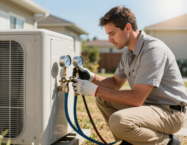 Technician checking AC refrigerant pressure