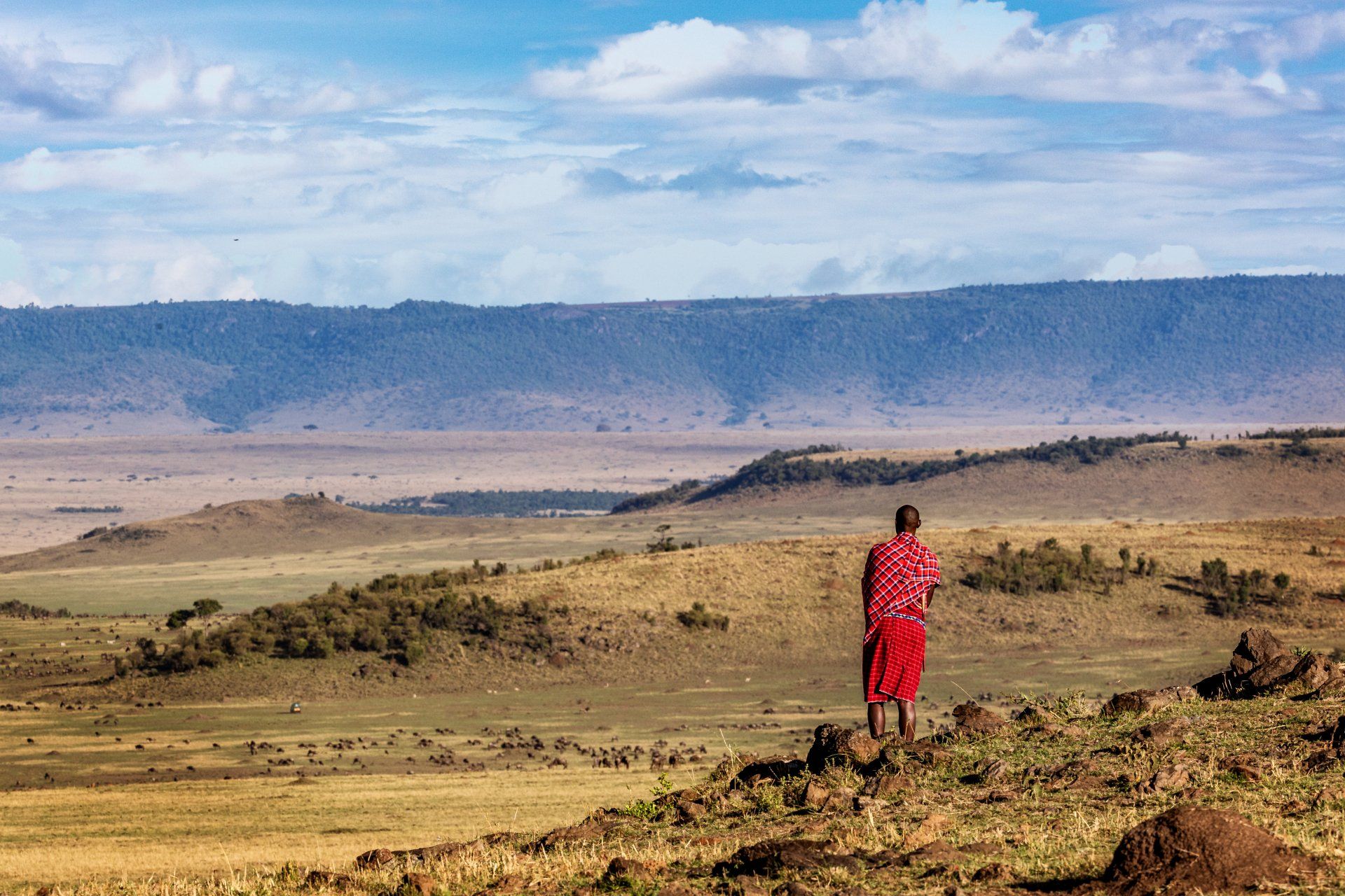 Een persoon in een rood gewaad kijkt uit over een grasrijk Afrikaans landschap naar heuvels in de verte, onder een gedeeltelijk bewolkte hemel.