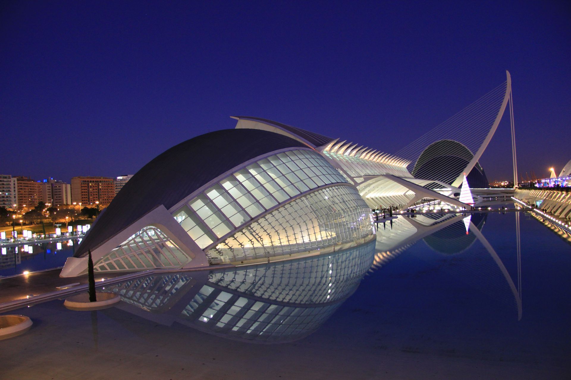Moderne architectuur weerspiegeld in het water, Valencia, Spanje, bij zonsondergang. Gebogen, wit omlijste glazen constructies.