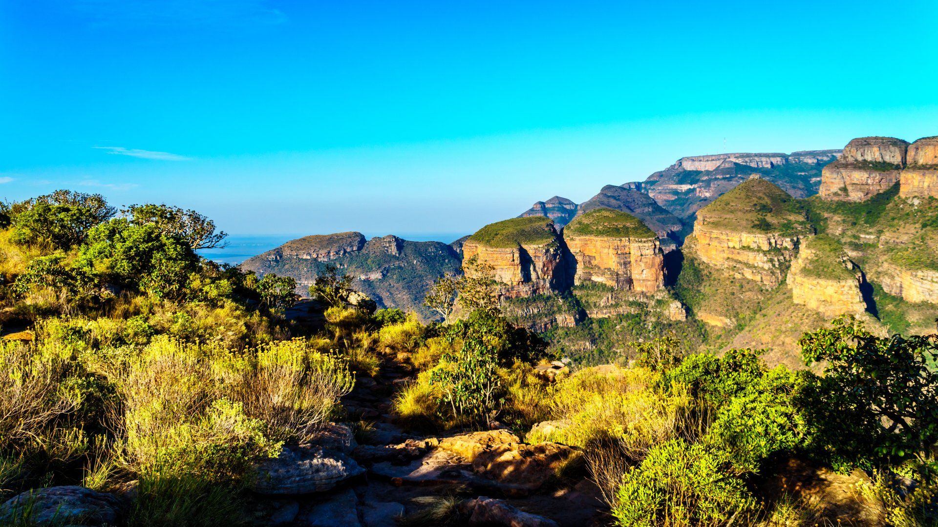 Panoramisch uitzicht op de Blyde River Canyon in Zuid-Afrika, met gelaagde rotsformaties, groene begroeiing en een blauwe hemel.