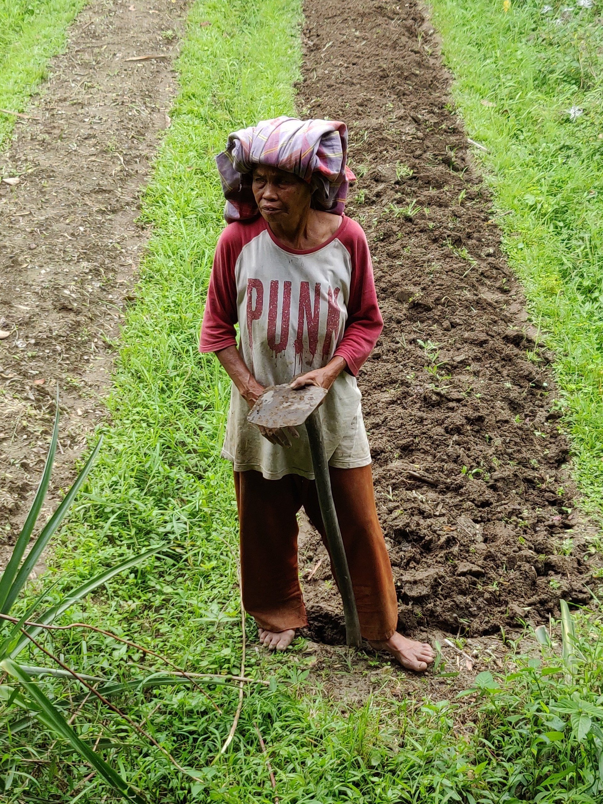 Vrouw in een veld met een doek over haar hoofd, een troffel in haar hand, kijkt naar de camera. Bruine broek, rood-wit shirt.