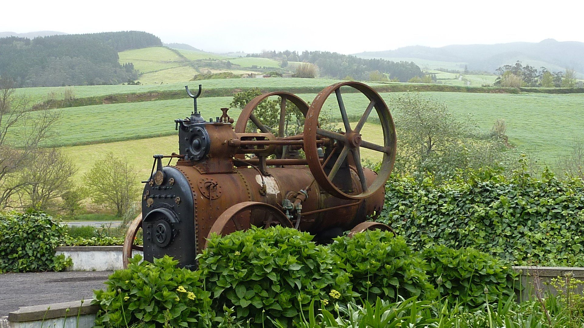 Een roestige antieke stoommachine in een veld, met twee grote wielen, groene struiken en glooiende grasheuvels op de achtergrond.