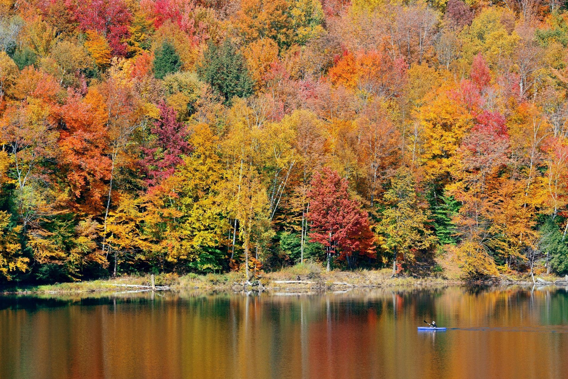De kleurrijke herfstbladeren weerspiegelen zich in het kalme meer, terwijl een kanoër peddelt.