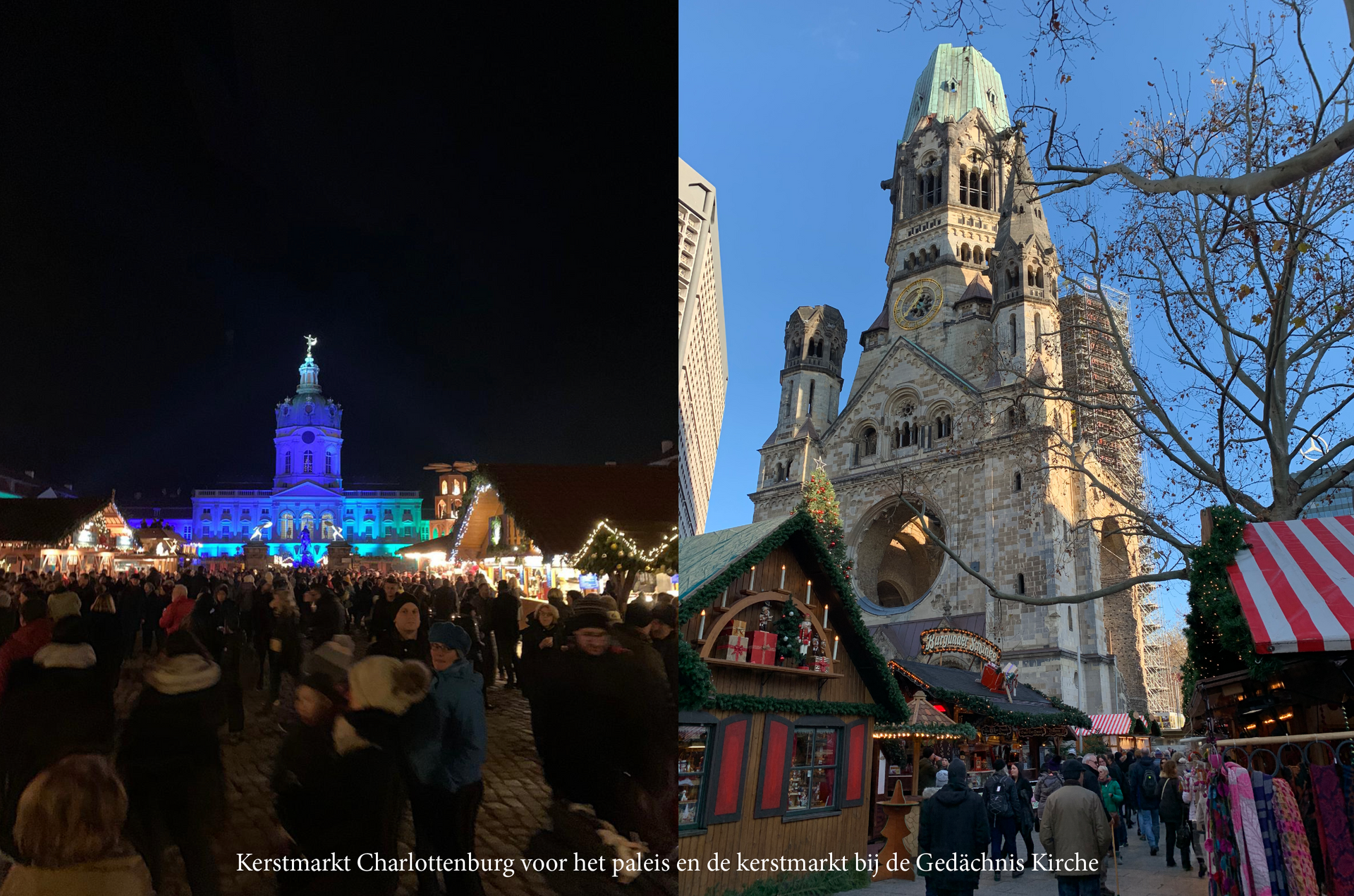 Twee kerstmarkten: een 's avonds met kleurrijke lichtjes, de andere overdag bij een kerkruïne.