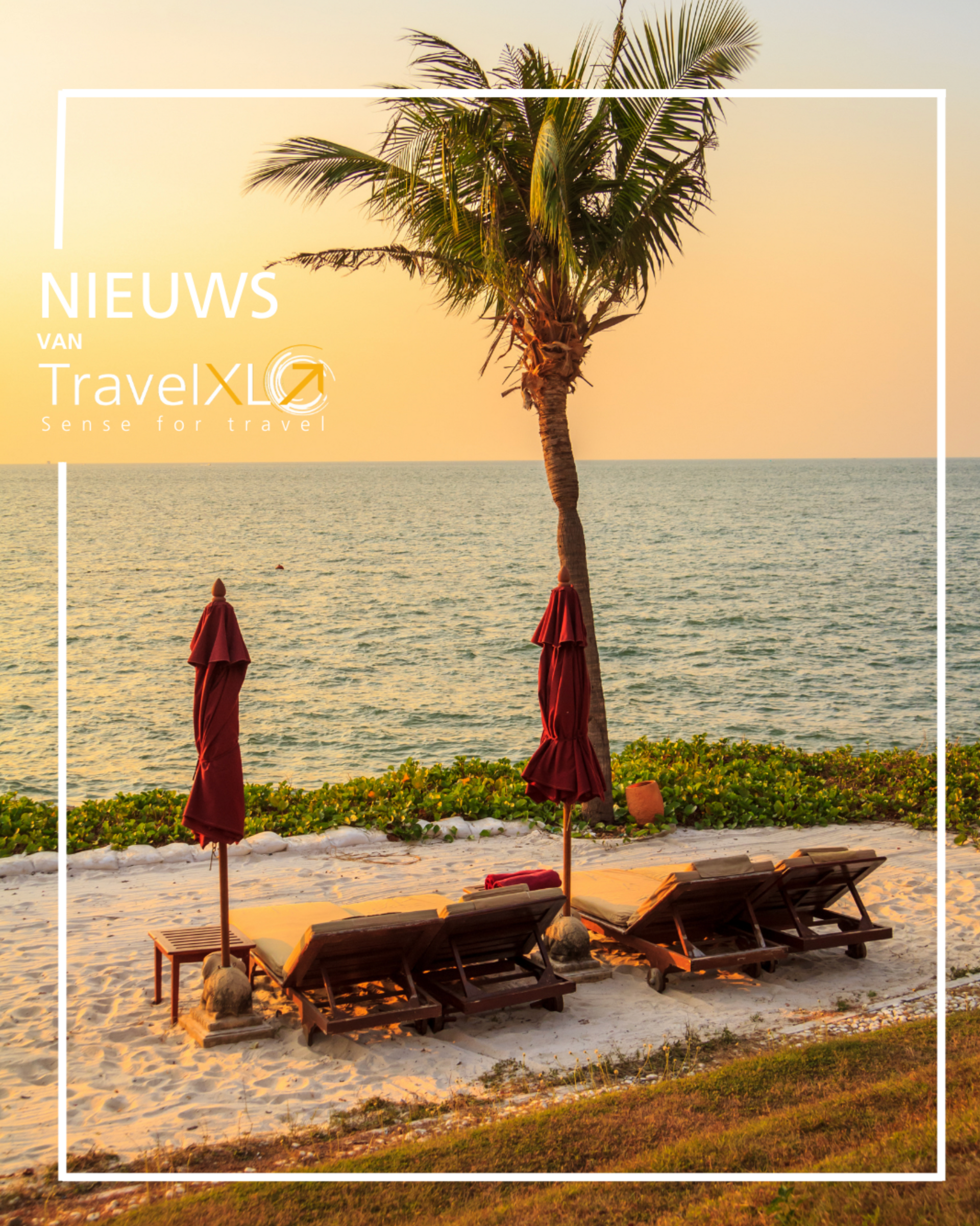 Twee strandstoelen met rode parasols op een zandstrand onder een palmboom bij zonsondergang, met het TravelXL-logo.
