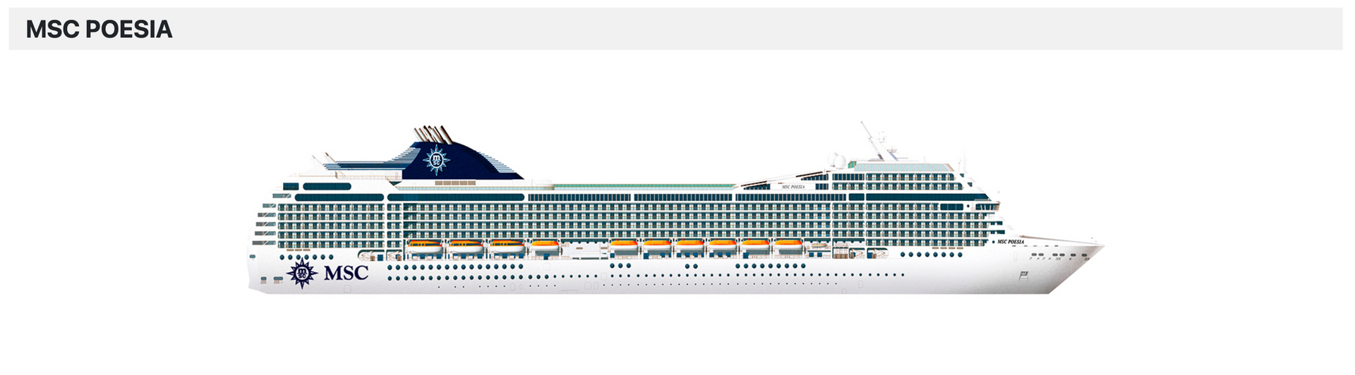 Zijaanzicht van een wit cruiseschip met een blauwe schoorsteen op een effen achtergrond.