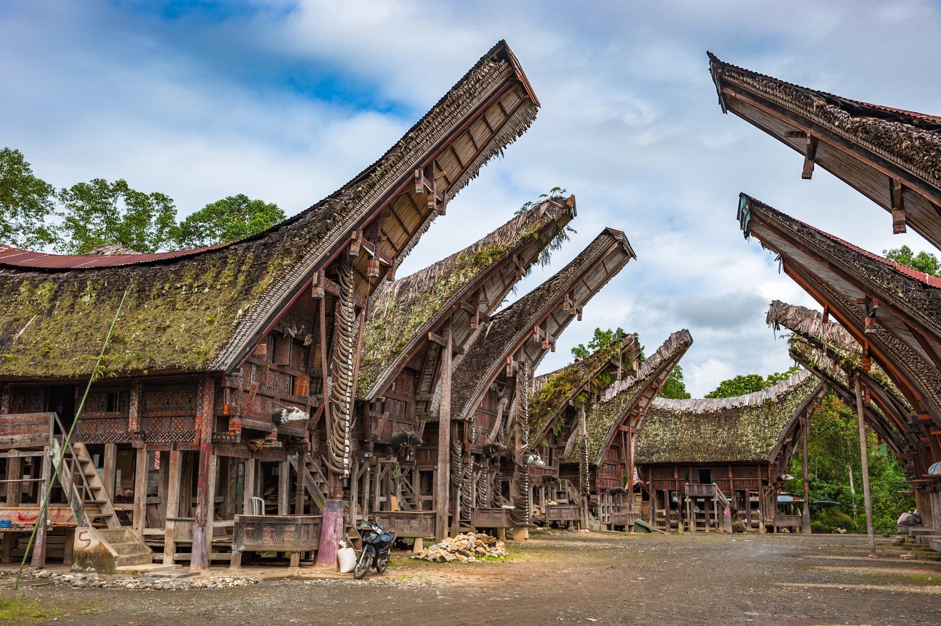 Traditionele Toraja-huizen op Sulawesi, Indonesië, met daken in meerdere lagen en sierlijke houtsnijwerken, onder een bewolkte hemel.