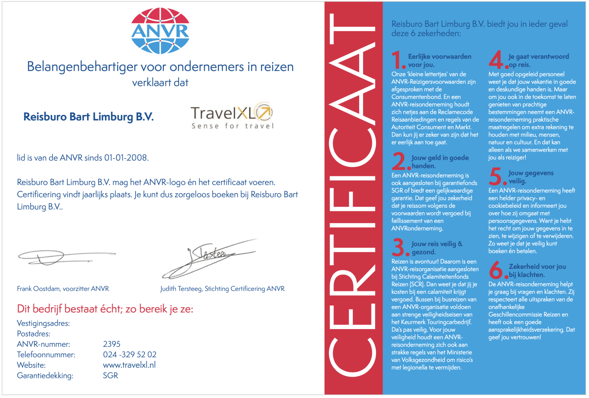 controleer de echtheid van certificaten online Afbeelding van ANVR Certificaat voor travelxl-bart-limburg en link naar pagina van anvr