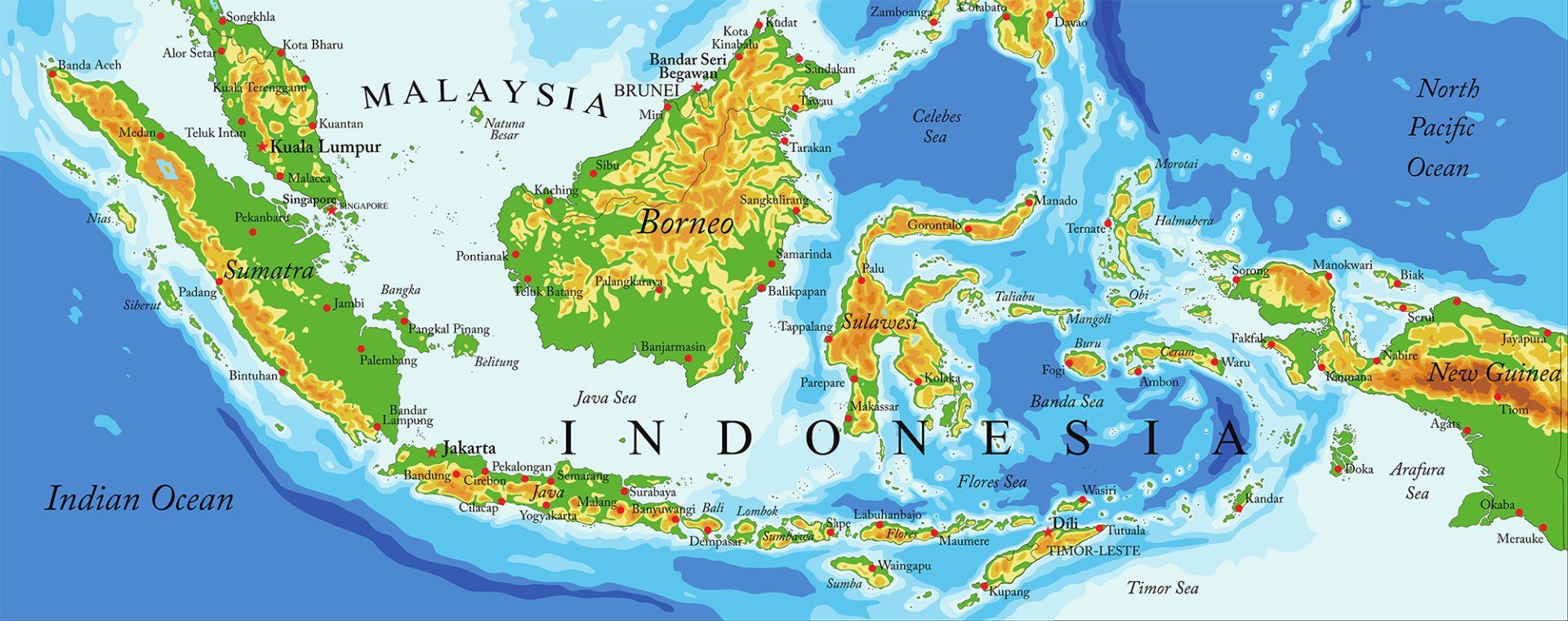 Kaart van Indonesië en omliggende Zuidoost-Aziatische landen, met de hoogteverschillen in het landschap weergegeven in groene en bruine tinten.