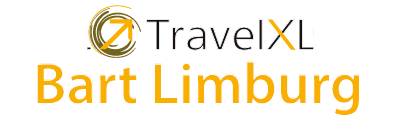 Het TravelXL Bart Limburg-logo, met gele en zwarte tekst, is een abstract ontwerpelement.