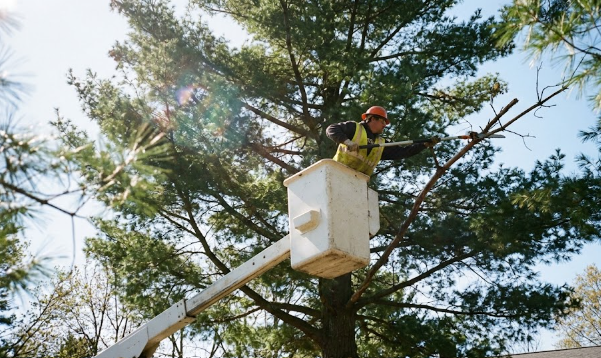 A tree care specialist safely pruning dead branches from a tall tree to improve tree health.