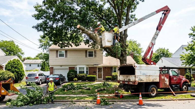 Professional tree removal workers using a bucket truck to safely cut down a large tree in a Spokane Valley neighborhood.