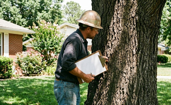 A certified arborist from A1 Tree Service inspecting a sick tree trunk in a Spokane yard.