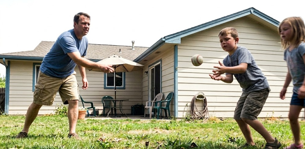 A family safely enjoying their clear, flat backyard after professional stump grinding services.