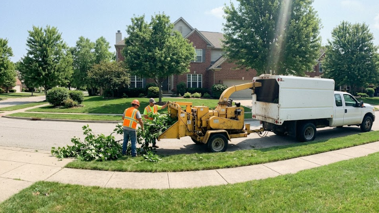 A1 Tree Service crew chipping wood and cleaning up debris after a tree removal.