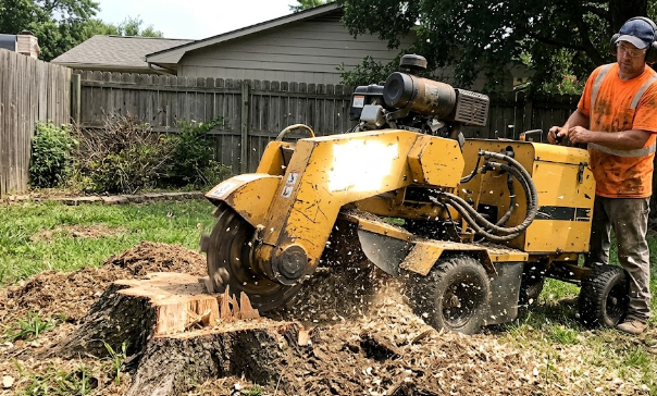 A stump grinder machine removing a tree stump from a green lawn.