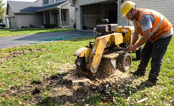 A heavy-duty stump grinding machine clearing an old tree stump from a beautiful suburban yard.