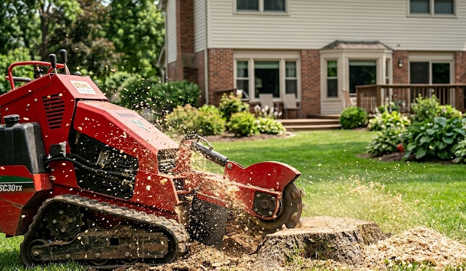 A professional from A1 Tree Service safely using a heavy duty stump grinder in a backyard.