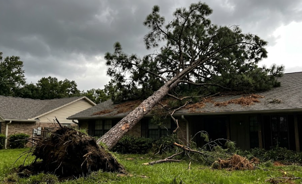A dangerous leaning pine tree close to a house that needs emergency removal.