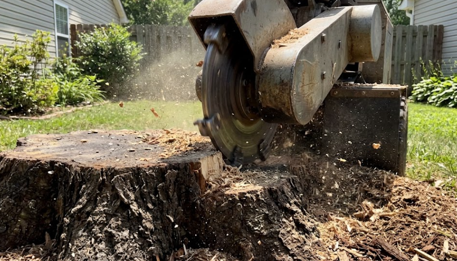 Professional stump grinding services safely removing an old tree stump.