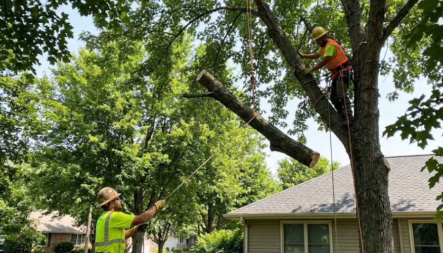 Tree removal experts using ropes to safely remove a dangerous branch near a house.