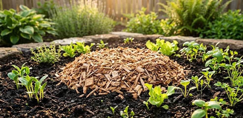 Fresh organic wood chips left over from professional tree stump grinding in Spokane are used as garden mulch.