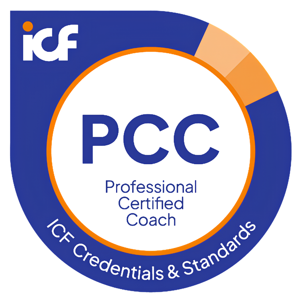 ICF PCC logo: blue, white and orange badge with “PCC Professional Certified Coach” and “ICF Credentials & Standards”