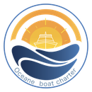 Logo: Ocean boat charter with boat on water, sunset background, blue and yellow.