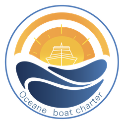 Logo: White boat, orange sun, blue waves, 
