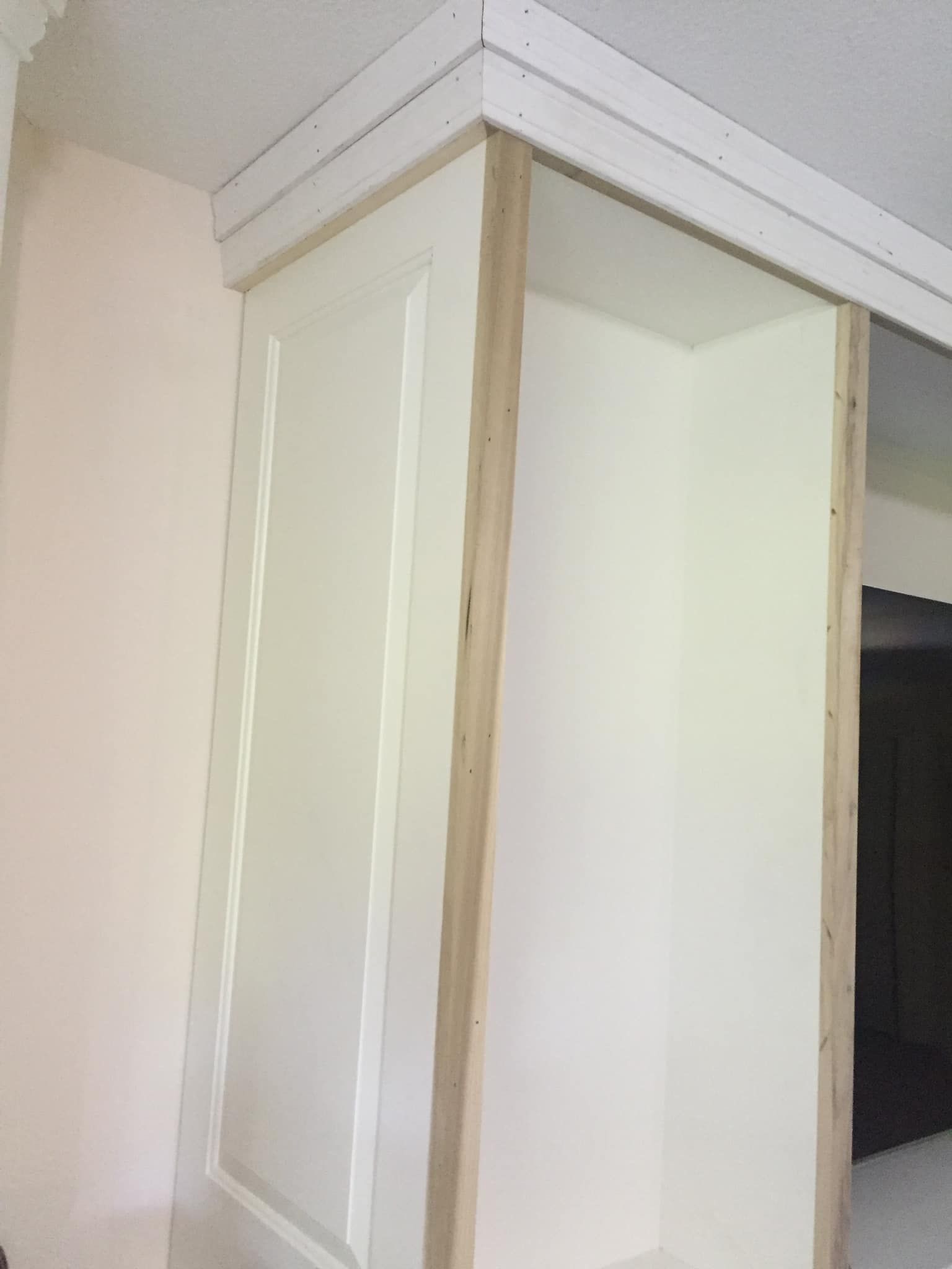 White kitchen cabinet with light wood trim and a textured white crown molding.