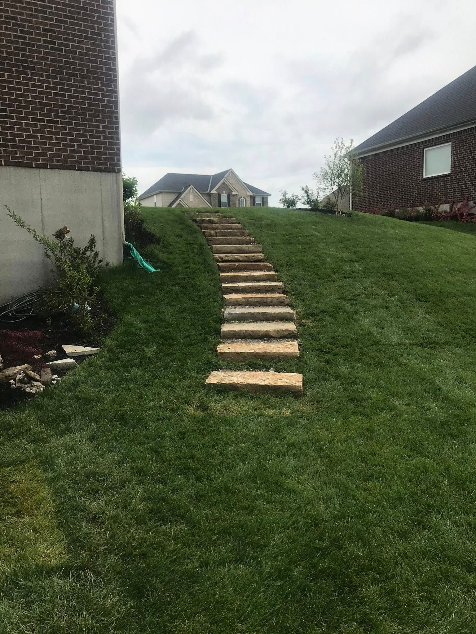Stone steps ascend a grassy hill in a backyard. A house is visible at the top.
