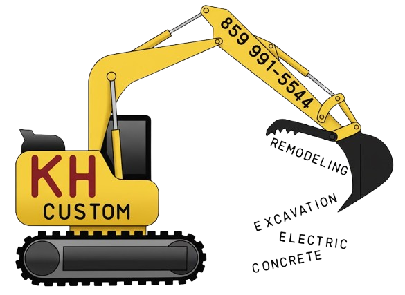 Yellow excavator with "KH CUSTOM" logo, phone number 859-991-5544, and service descriptions: remodeling, excavation, electric, concrete.