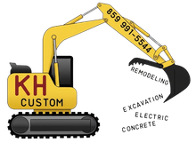 Yellow excavator with "KH CUSTOM" logo, phone number 859-991-5544, and service descriptions: remodeling, excavation, electric, concrete.