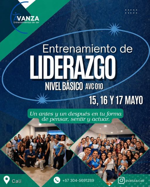 Cartel azul de VANZA sobre entrenamiento de liderazgo nivel básico con fechas 15, 16 y 17 mayo y foto grupal.