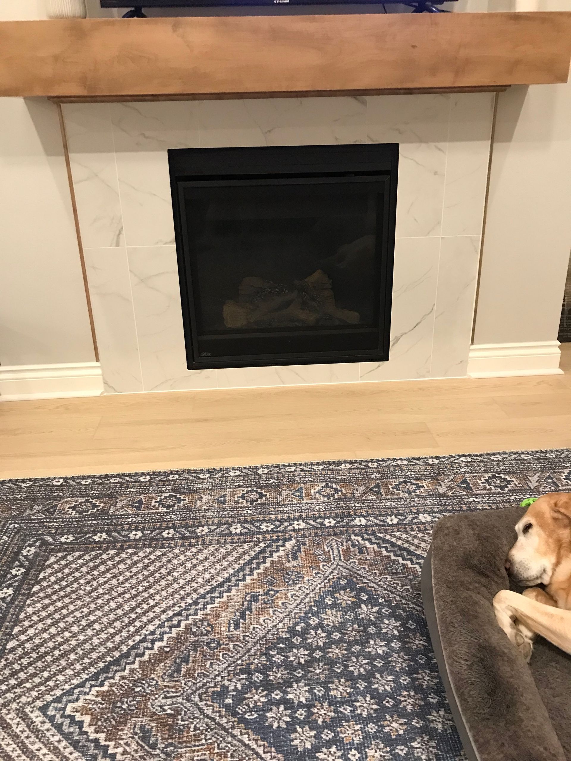 Living room fireplace with wooden mantel, patterned rug, and a dog resting on the right side of the floor.