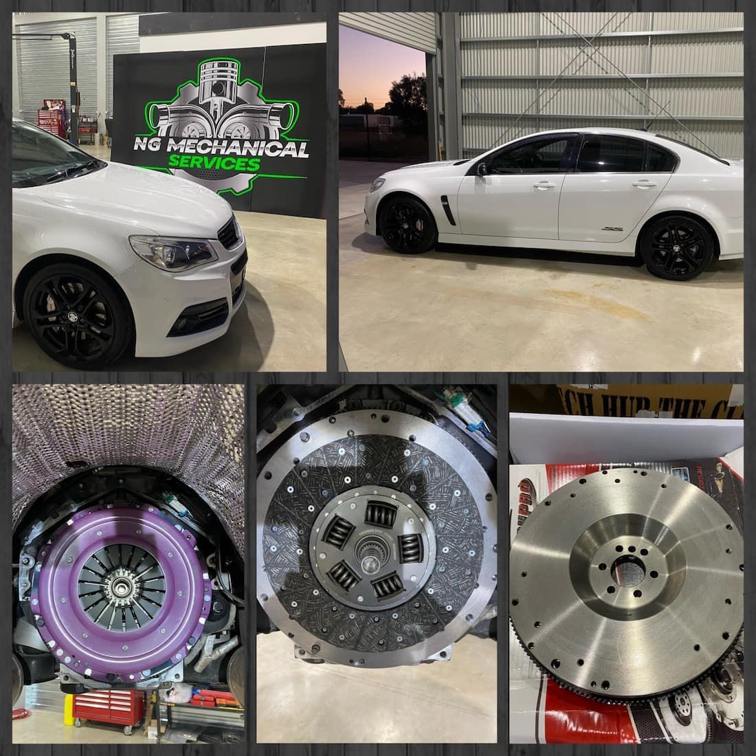 Collage of Pictures of a White Car and Clutches — NG Mechanical Services in Thurgoona, NSW