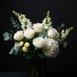 A vase filled with white roses and yellow flowers on a black background.