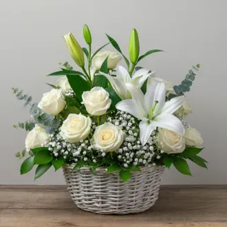 A wicker basket filled with yellow and purple flowers