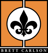 A logo for brett carlson with a fleur de lis in the center