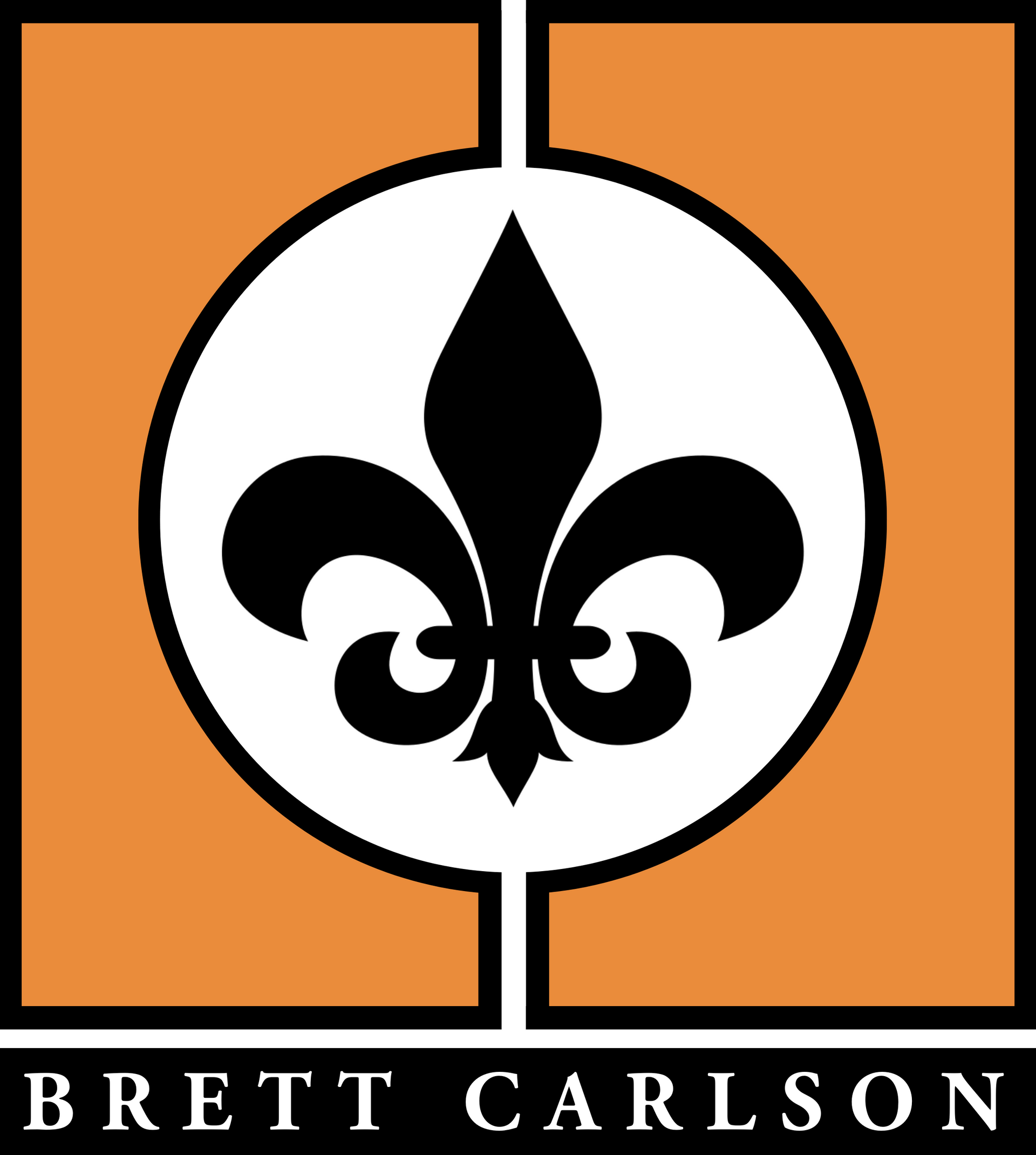 A logo for brett carlson with a fleur de lis in the center